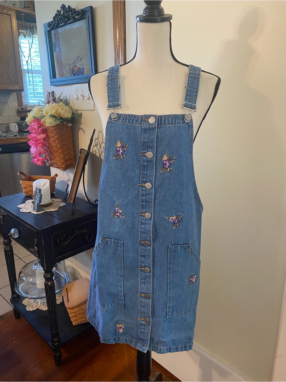 BONGO Blue Denim Mini Overall Dress with Purple Floral Embroidery